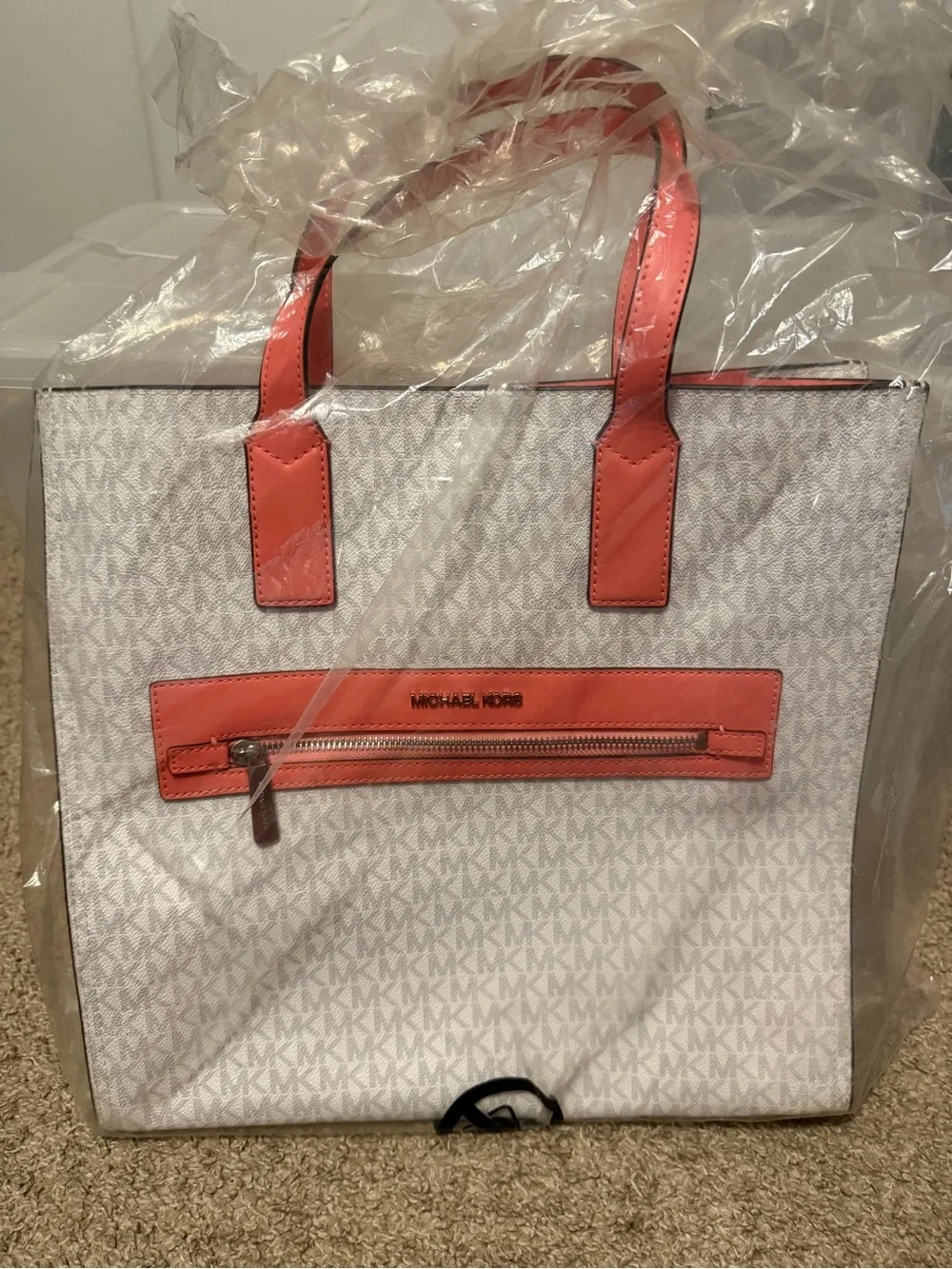 Michael Kors White & Coral MK Monogram Tote